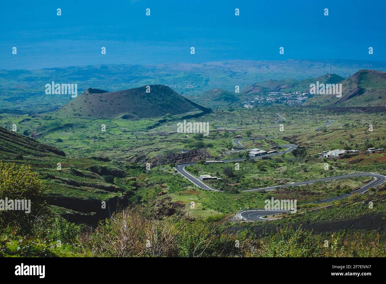Curvy road to Pico do Fogo, volcano on the island of Fogo on Cabo Verde ...