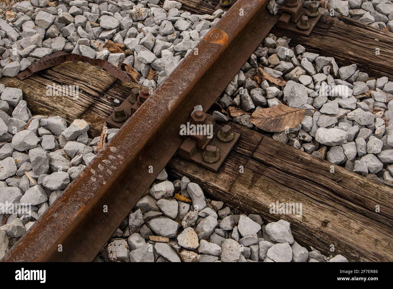 Old railway sleepers, deeply pitted and dry wood and a train track or