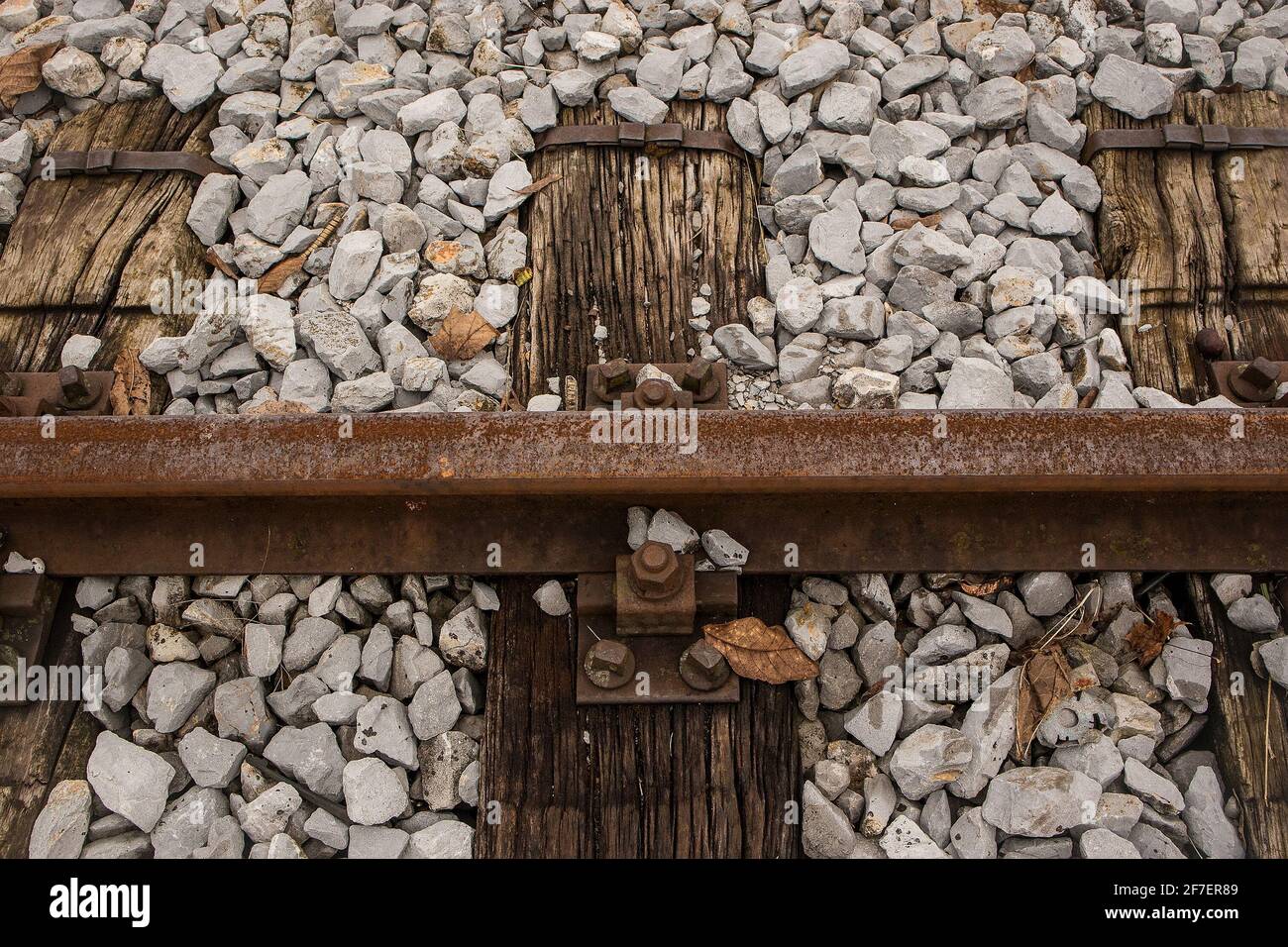 Running Rail Pitting Old railway sleepers, deeply pitted and dry wood and a train track or ...