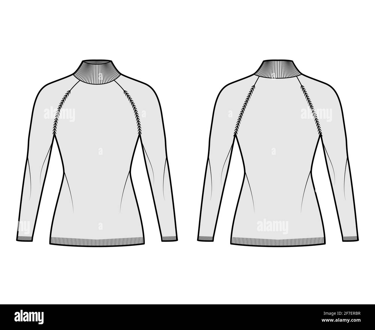 Turtleneck Sweater technical fashion illustration with long raglan sleeves, fitted body, hip length, knit trim. Flat jumper apparel front, back, grey color style. Women men unisex CAD mockup Stock Vector