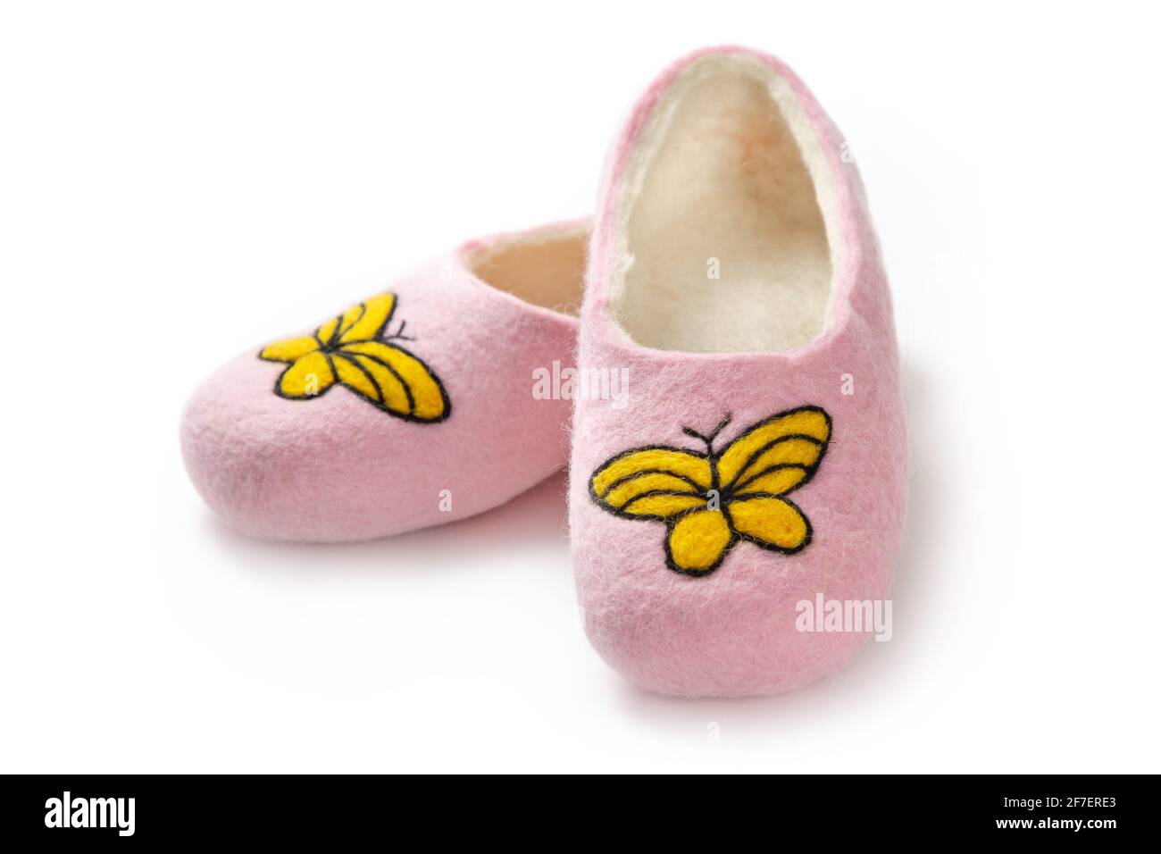 Felt slippers on white background in closeup Stock Photo