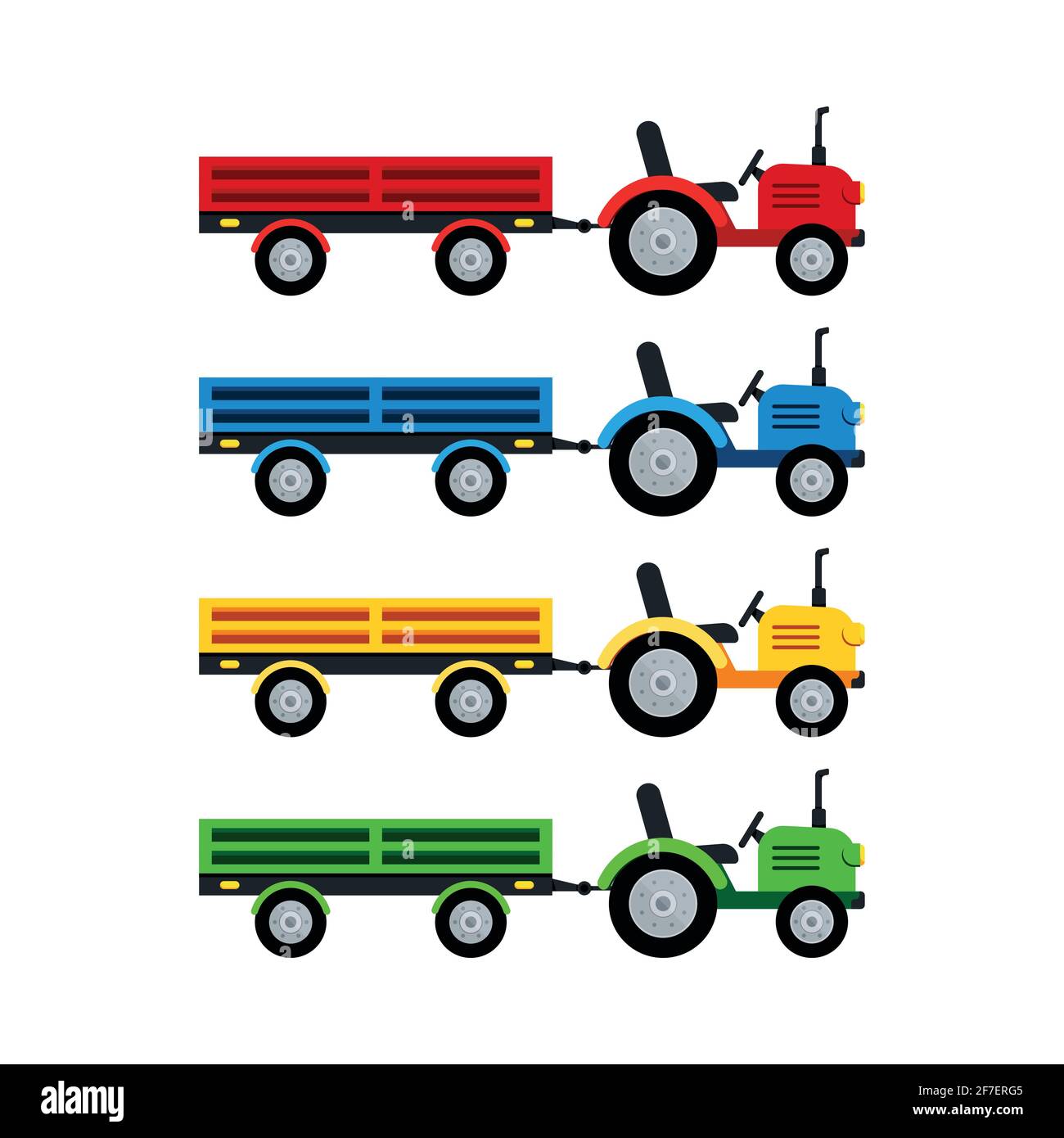 Tractor with open trailer farm vector set isolated on white background. Stock Vector