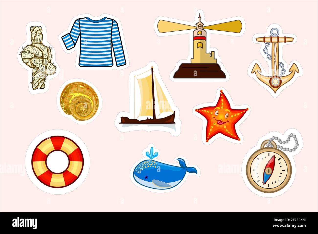 Set of nautical cartoon stickers. Marine objects and symbols collection. Label design elements. Cute patches, pins, badges series. Vector illustration Stock Vector