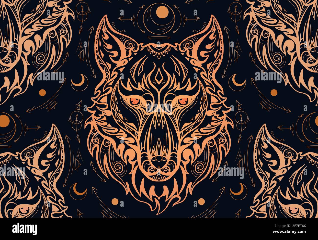 Seamless Pattern With Contour Gold Wolf Head And Sacred Symbols On Dark Background Predator Portrait In Front With Boho Pattern Tribal Luxury Textur Stock Vector Image Art Alamy Seamless Pattern With Contour Gold Wolf Head And Sacred Symbols On Dark Background Predator Portrait In Front With Boho Pattern Tribal Luxury Textur Stock Vector Image Art Alamy