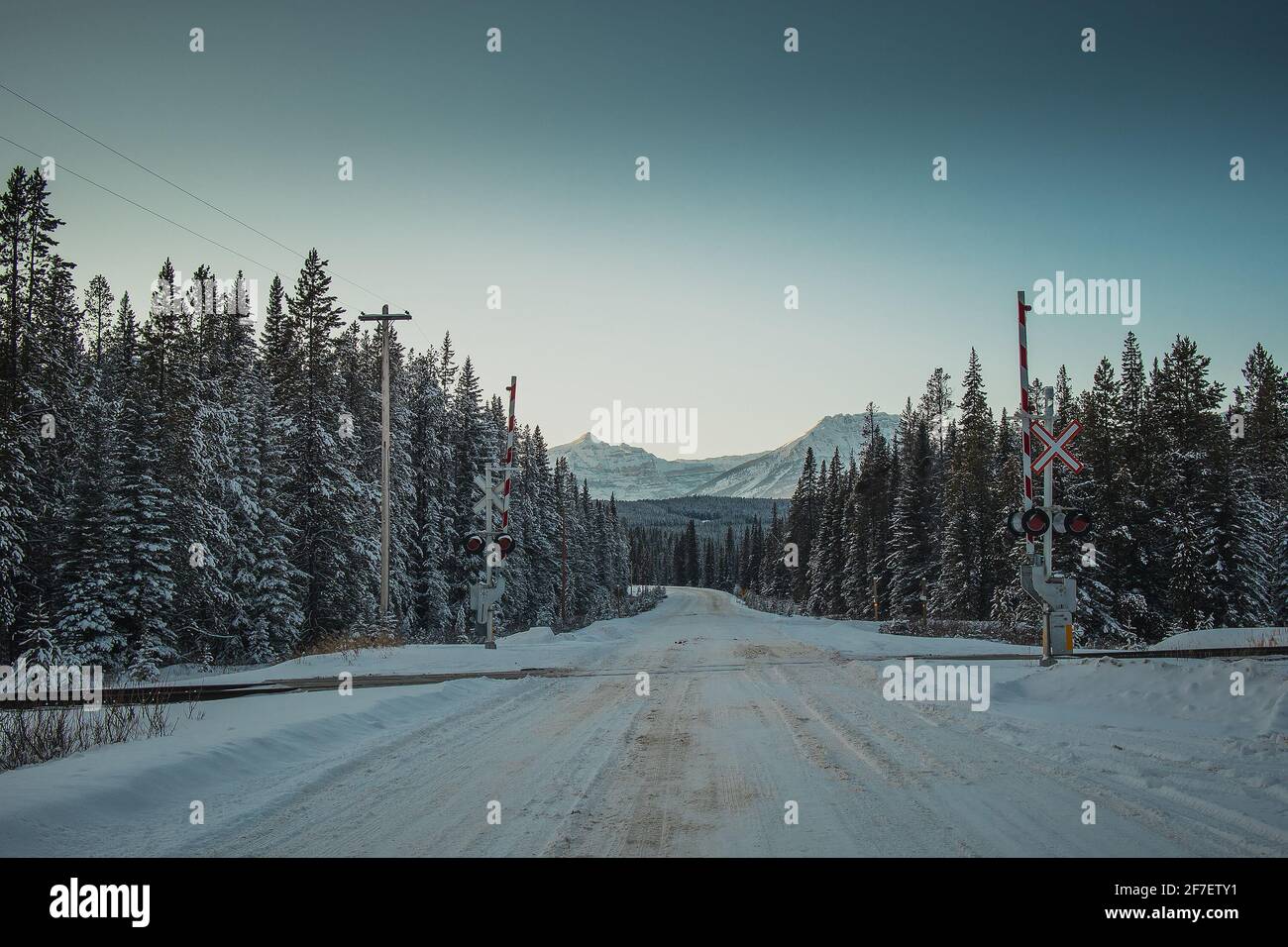 Level train and road crossing in winter time. Lonely track crossing in Alberta, Canada in the middle of the woods. Dangerous situation on icy and snow Stock Photo