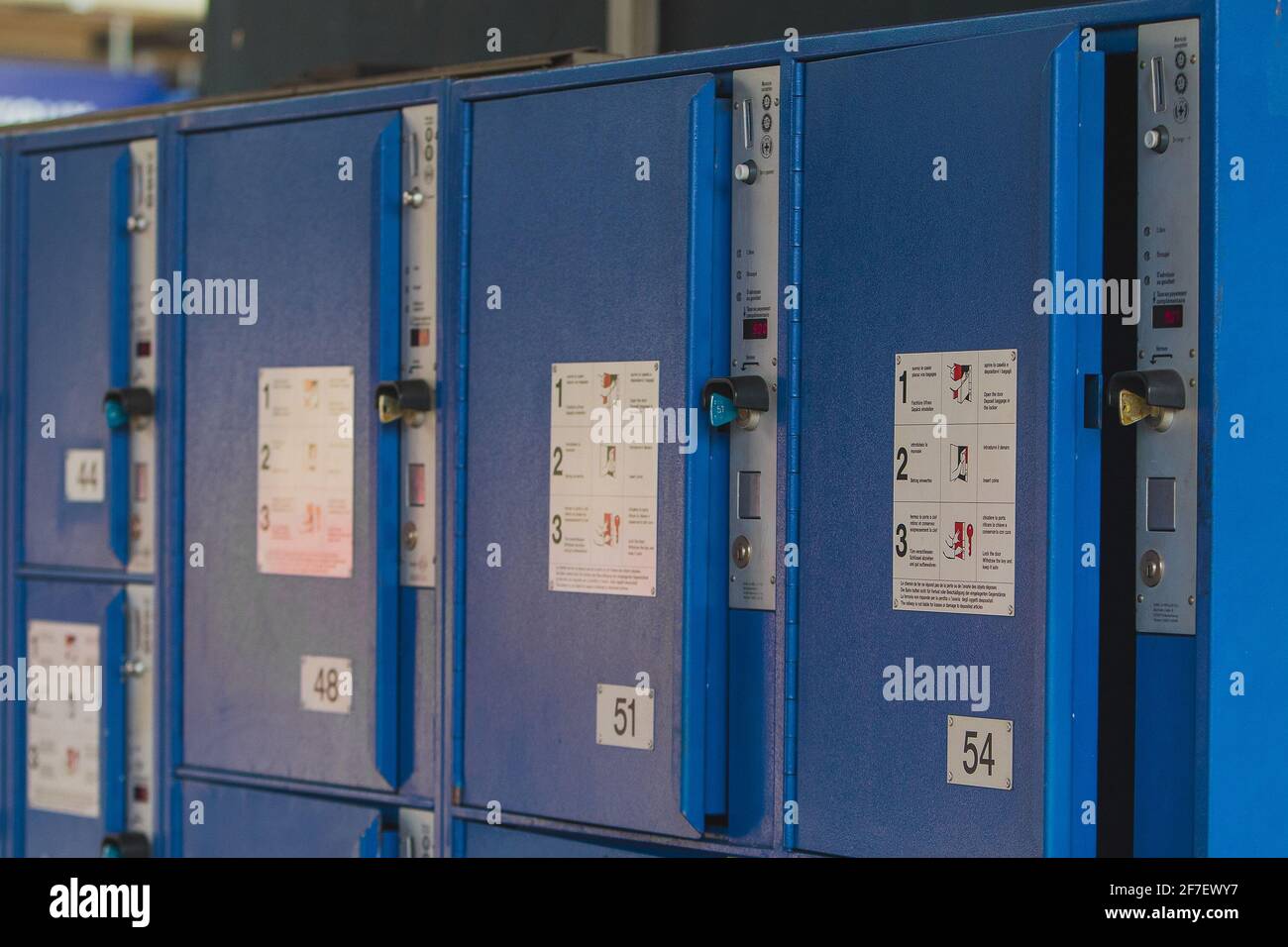 Train station lockers in blue color at an unknown station in switzerland  Stock Photo - Alamy