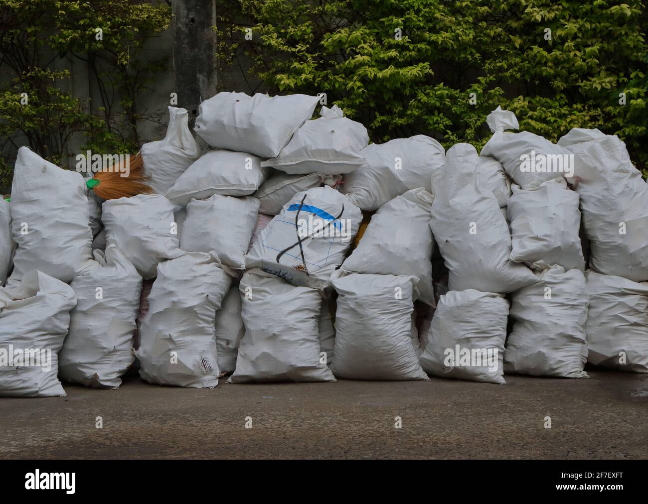 Pile of garbage stored in white sacks at dump site, waste sorting waiting for recycling Stock Photo