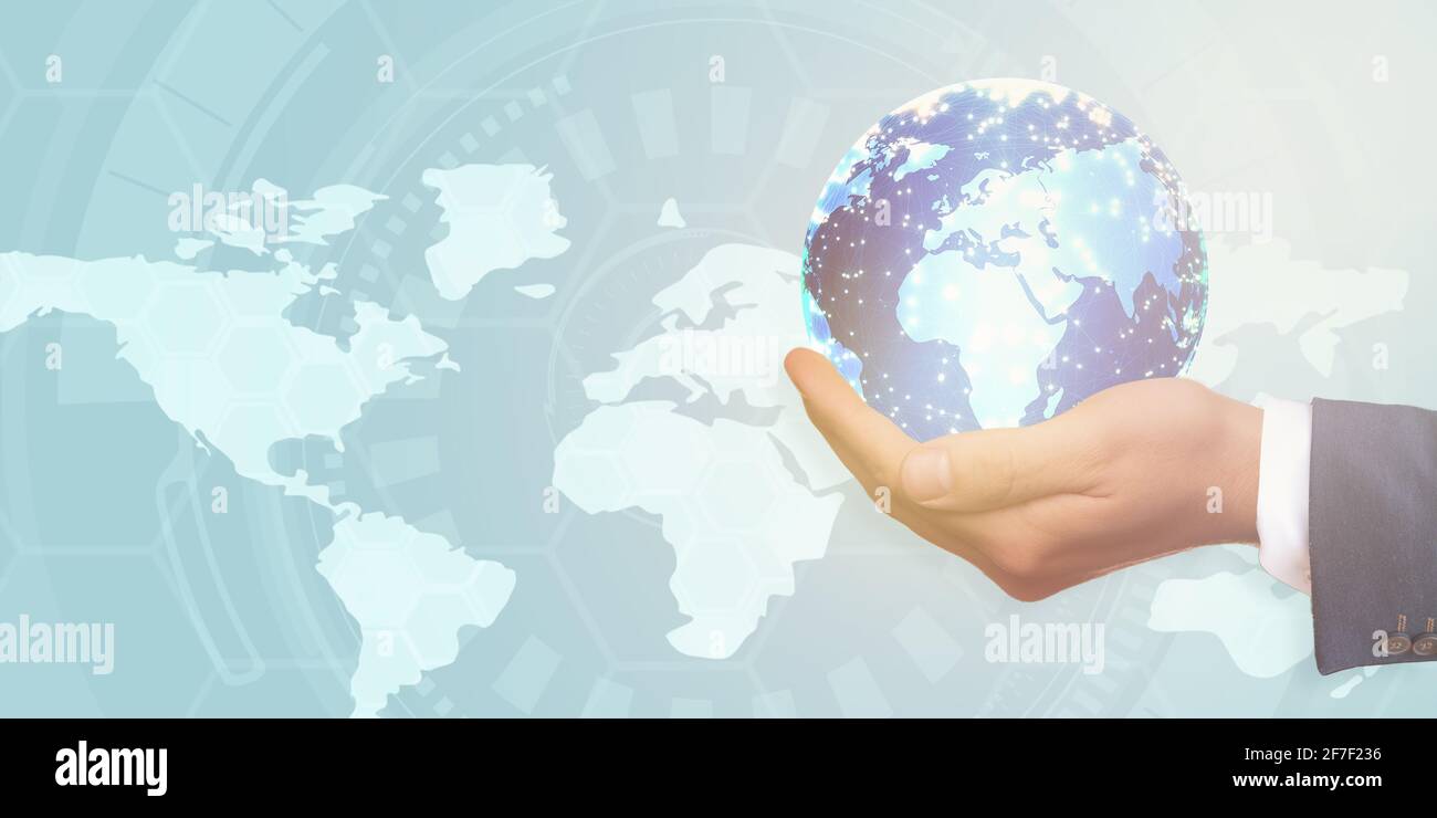 Globe in businessman hands, abstract technology, social network concept. Stock Photo