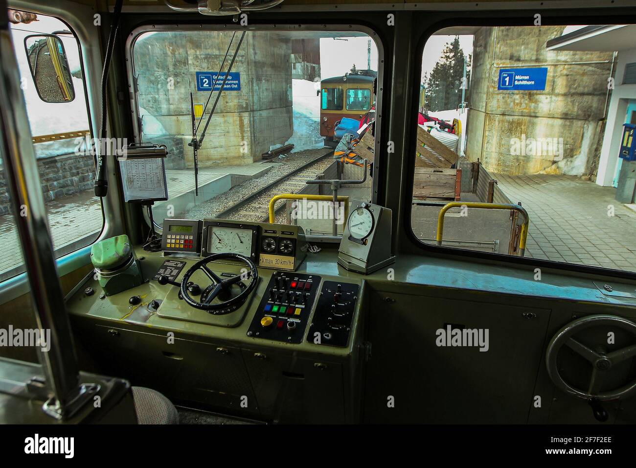 Driver cabin of narrow gauge train in Murren, connecting villages in ...