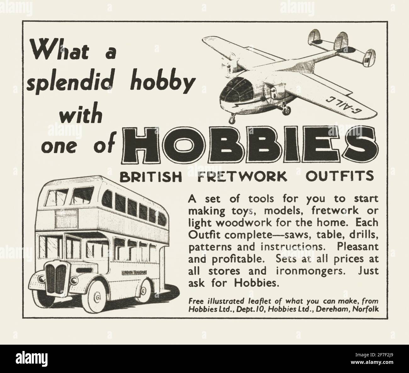 A 1940s advert for a set of fretwork tools, patterns and instructions needed to create toys such as the bus and plane illustrated – it appeared in British magazine in 1947. The sets were produced by Hobbies Ltd, Dereham, Norfolk, England, UK. Fretwork is a design that is either carved in relief on a solid background, or cut out with a fretsaw, coping saw, jigsaw or scroll saw, often using softwoods such as Balsa. From 1895 until 1960 Hobbies of Dereham supplied kits, tools, components and guidebooks to model makers – vintage nineteen-forties graphics. Stock Photo