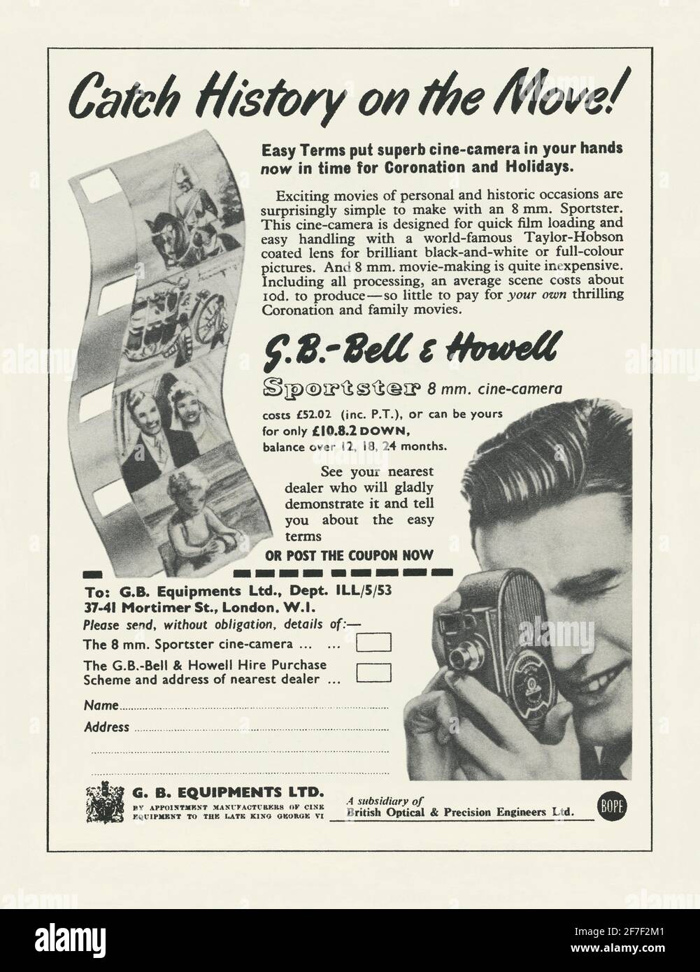 A 1950s advert for a Bell & Howell sportster 8mm cine-camera – it appeared in British magazine in 1953. Making and showing home movies became a popular hobby in the 1950s as the cost of the camera, projector and developing became within reach of the middle classes. Here it is available by mail-order. 8mm (and Kodak’s Super-8) film was the way to capture moving images – sound recording became an option later. Bell & Howell was founded in 1907 by two projectionists and was originally based in Wheeling, Illinois, USA – vintage nineteen-fifties graphics for editorial use. Stock Photo