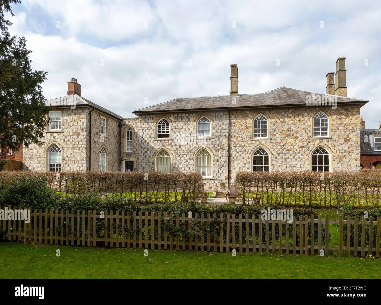 Chequer stone and flint Gothic style architecture, The Priory, Marlborough, Wiltshire, England, UK Stock Photo