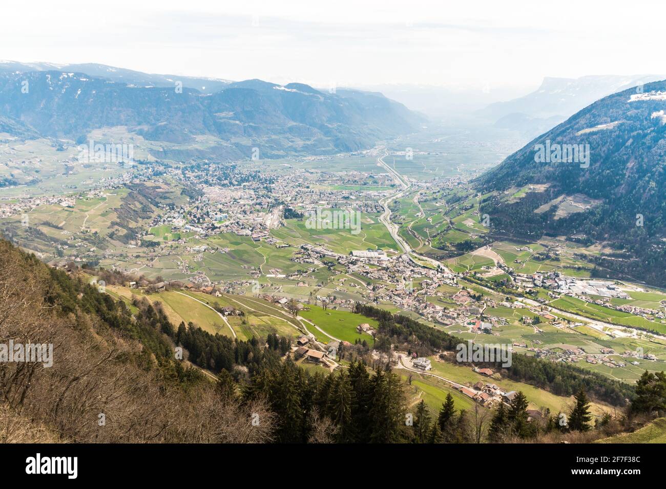 Panoramic view on the Adige Valley, Etschtal with the town of Merano (Meran) South Tirol - Italy - Südtirol - Alto Adige Stock Photo