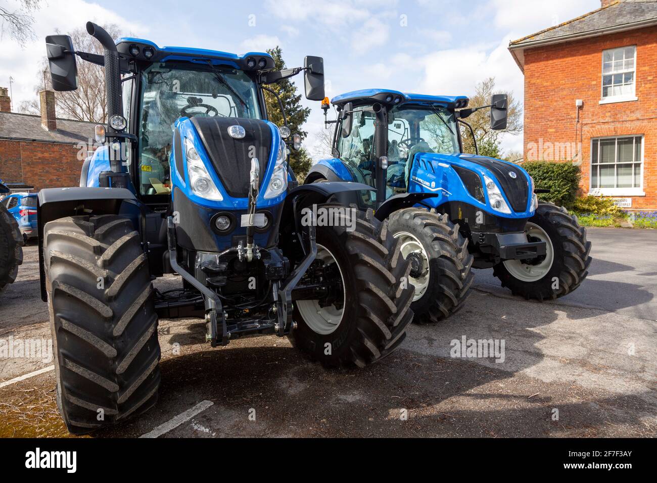 Brand new New Holland tractor T7210 for sale on dealership forecourt, Wiltshire, England, UK