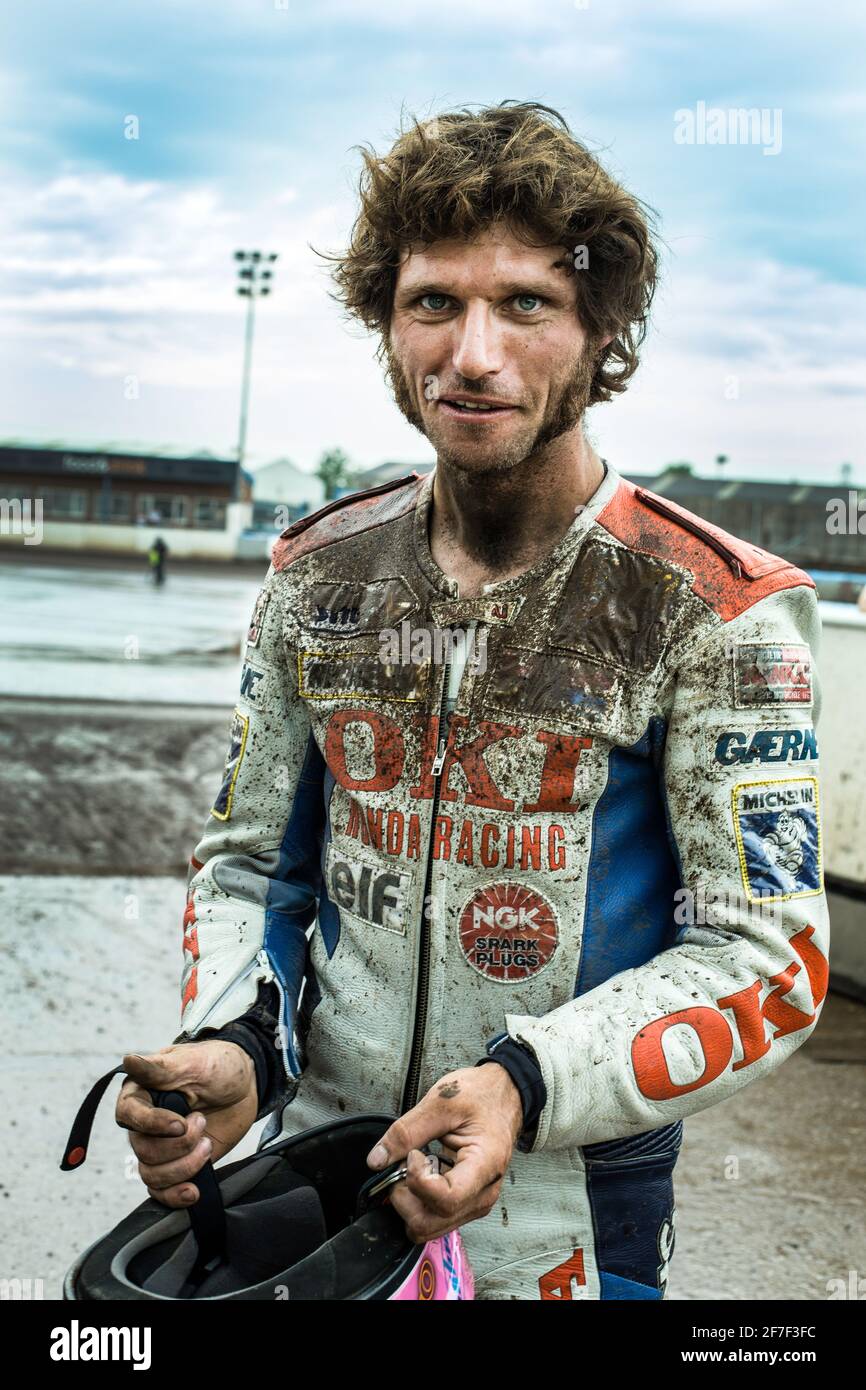 Guy Martin - motorcycle racer and tv celebrity -  in motorcycle riding leathers at dirt track event in Kings Lynn Stadium, UK Stock Photo