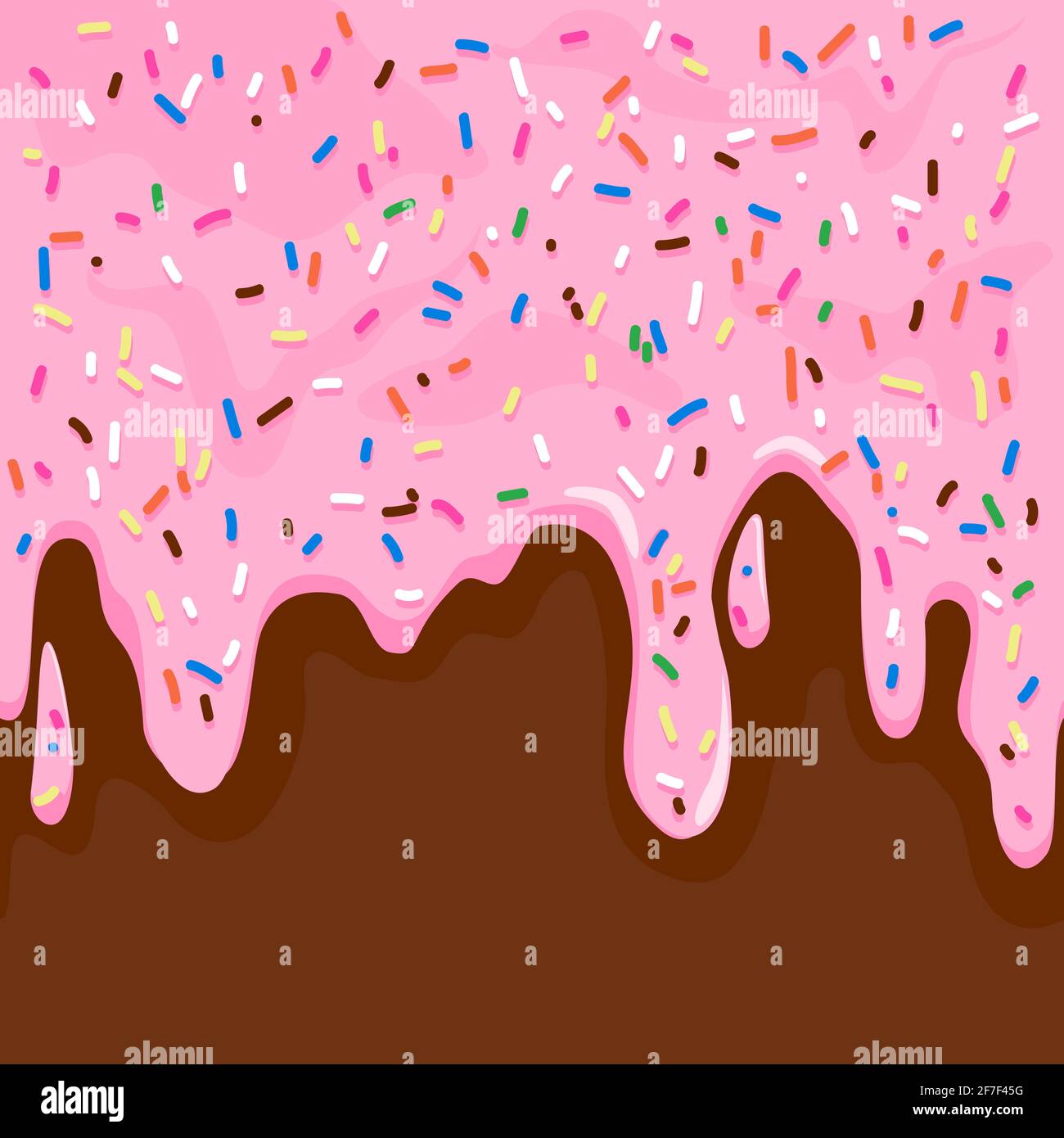 Pink frosting with colorful sprinkles dripping on chocolate background