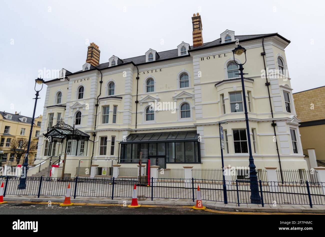 Llandudno, UK: Mar 18, 2021: Rebuilding work of the Tudno Castle Hotel is nearing completion. The redevelopment of the historic Victorian style proper Stock Photo