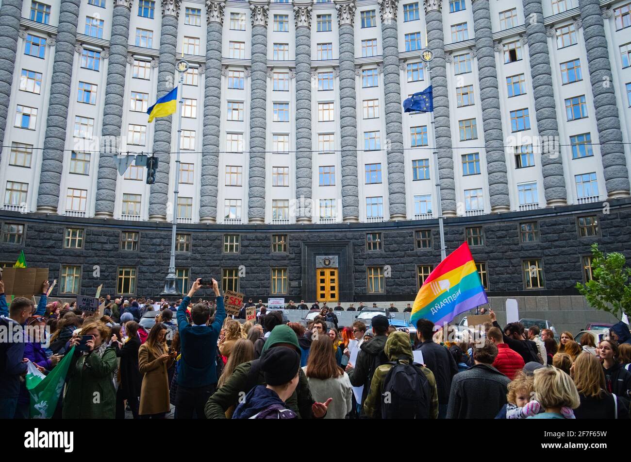 Kyiv, Ukraine - September 20, 2019: Ukrainian people gather climate change protest on Global Climate Strike day and demand on politics action on clima Stock Photo