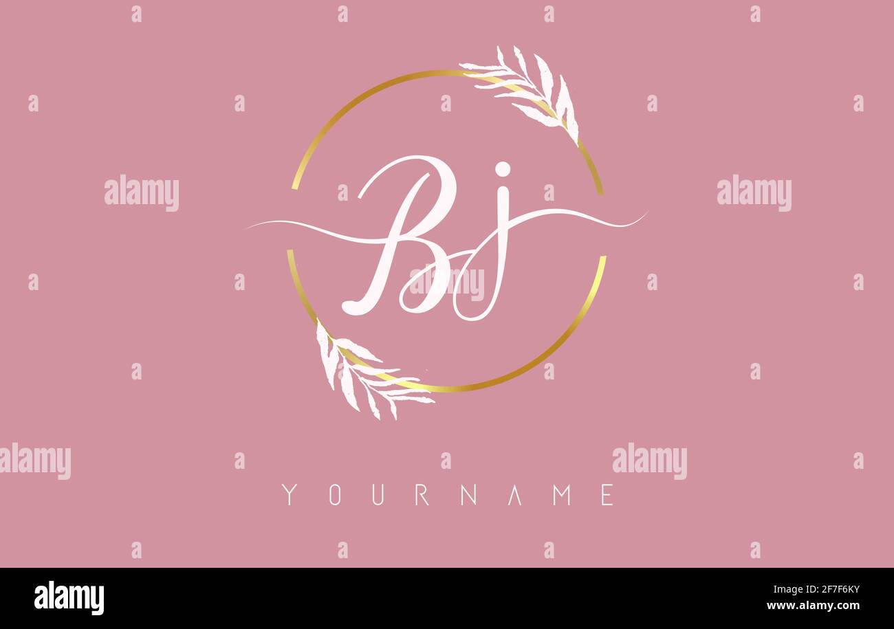 Bj b j Letters logo design with golden circle and white leaves on
