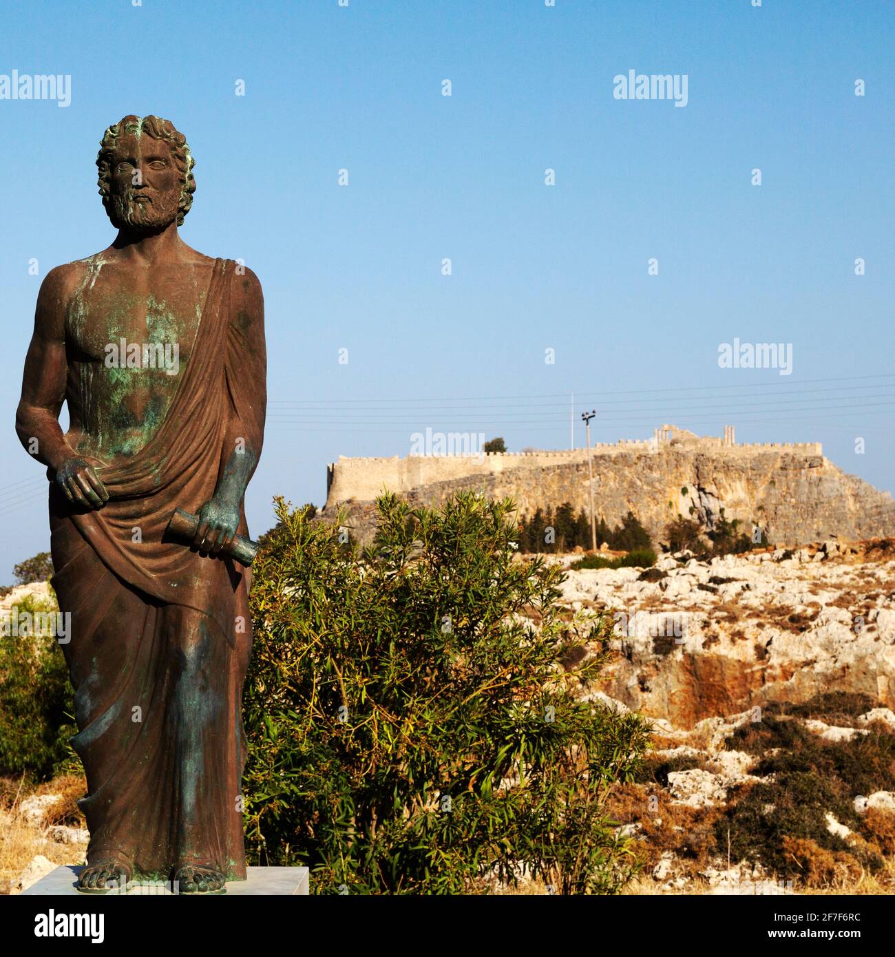 Statue of Cleobulus, an Ancient Greek poet and Philosopher, in Lindos on Rhodes, Greece. Cleobulus is regarded one of the Seven Sages of Ancient Greec Stock Photo