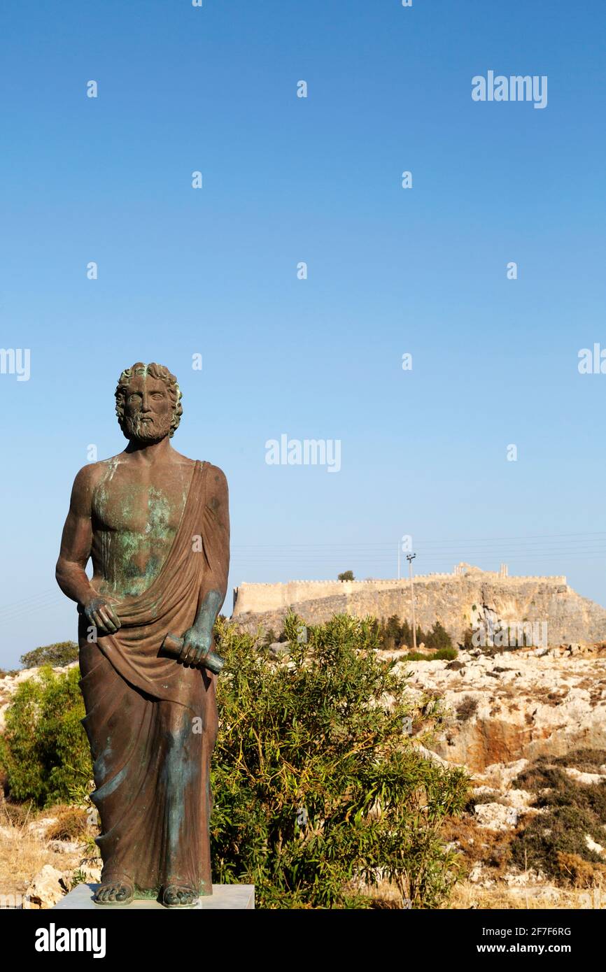 Statue of Cleobulus, an Ancient Greek poet and Philosopher, in Lindos on Rhodes, Greece. Cleobulus is regarded one of the Seven Sages of Ancient Greec Stock Photo