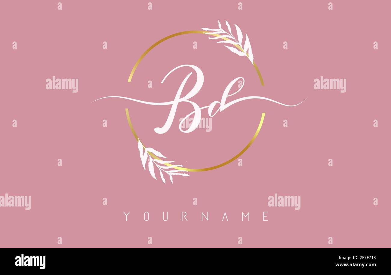 BD b d Letters logo design with golden circle and white leaves on