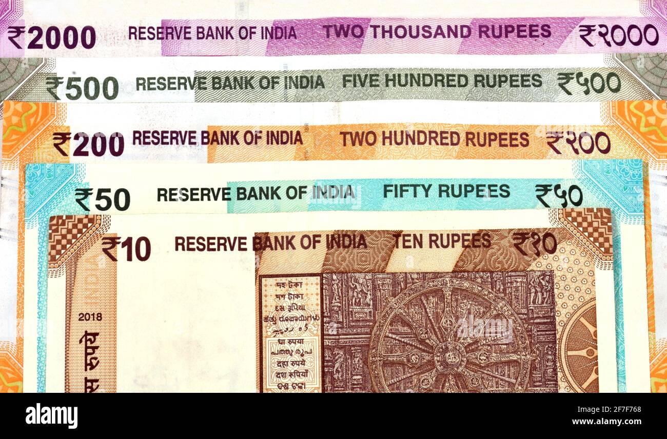 New Indian currency of 2000, 500, 200, 50 and 10 rupee notes Stock Photo