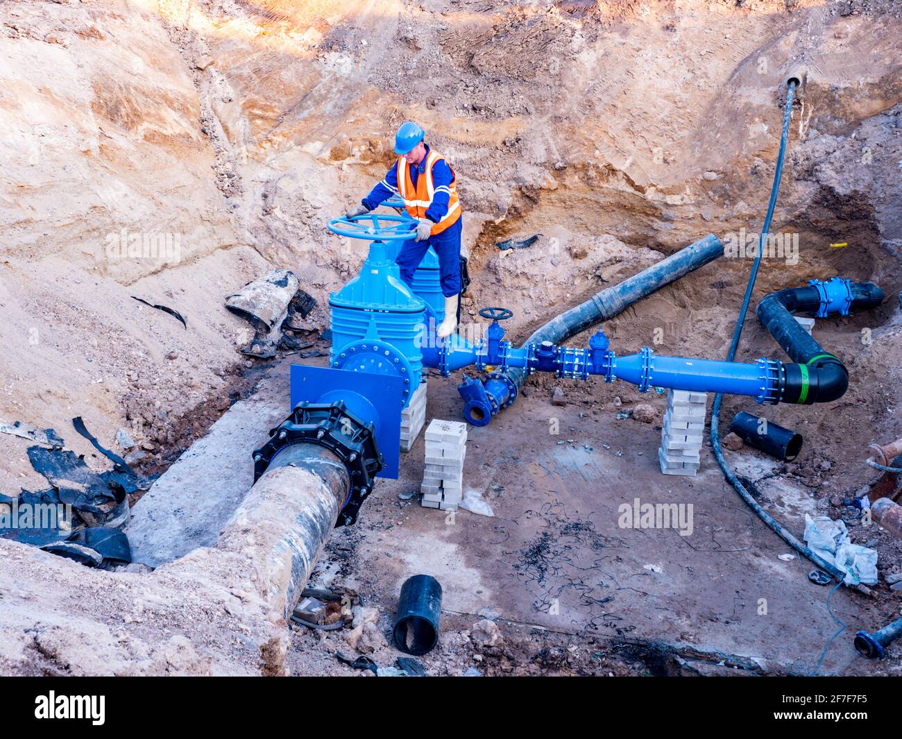 Replacement of water pipes networks. Waterworks main pipeline for the