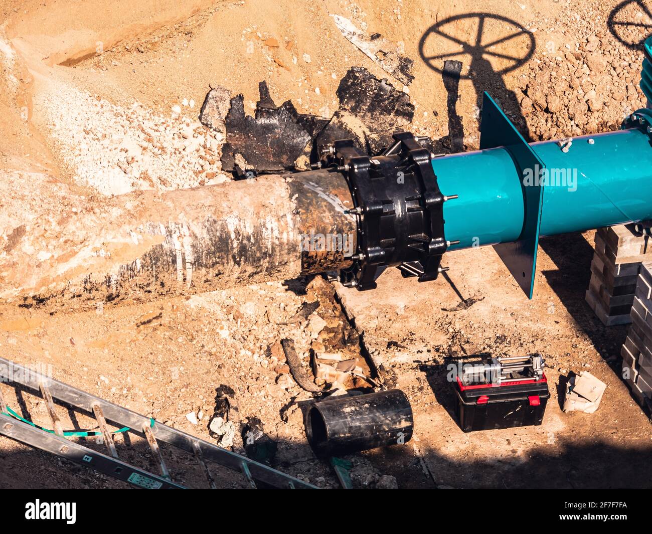 Large Underground Pipe fot water supply. Pipeline connection of desert