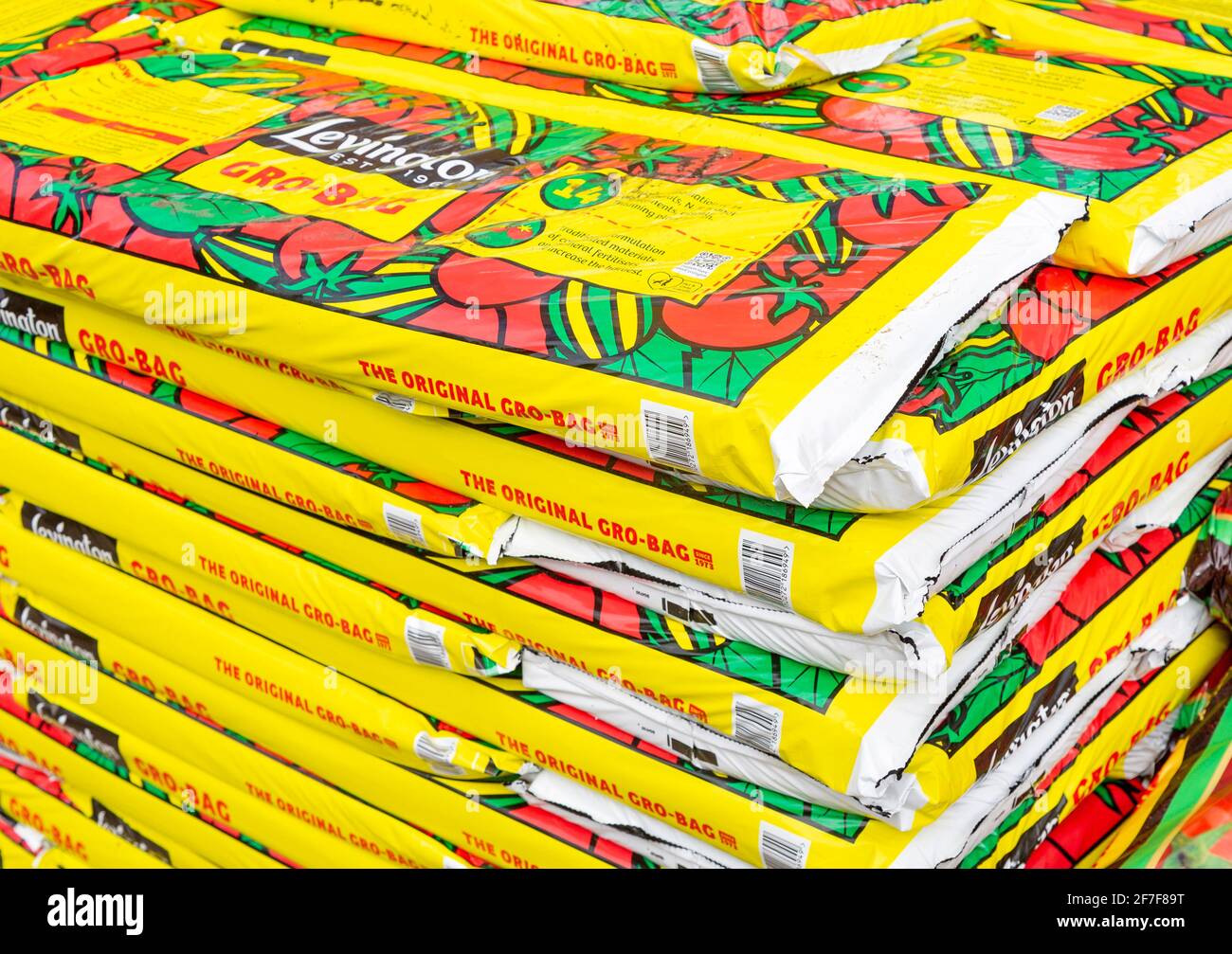 Bags of Levington Gro-Bag  tomato planters grow bags stacked up, UK Stock Photo