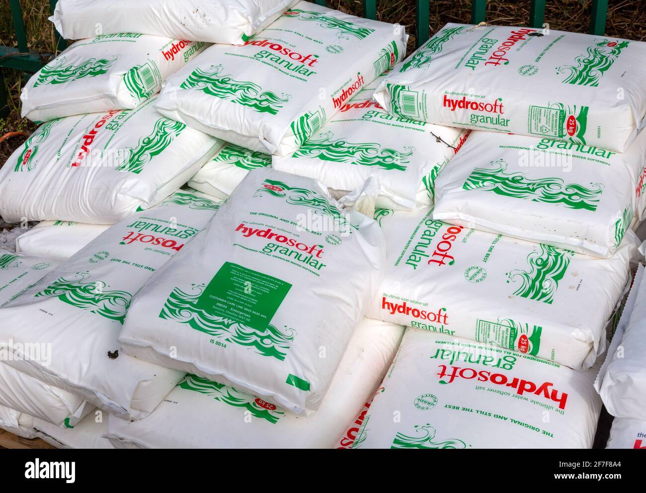 Bags of Hydrosoft granular water softener salt stacked up, UK Stock