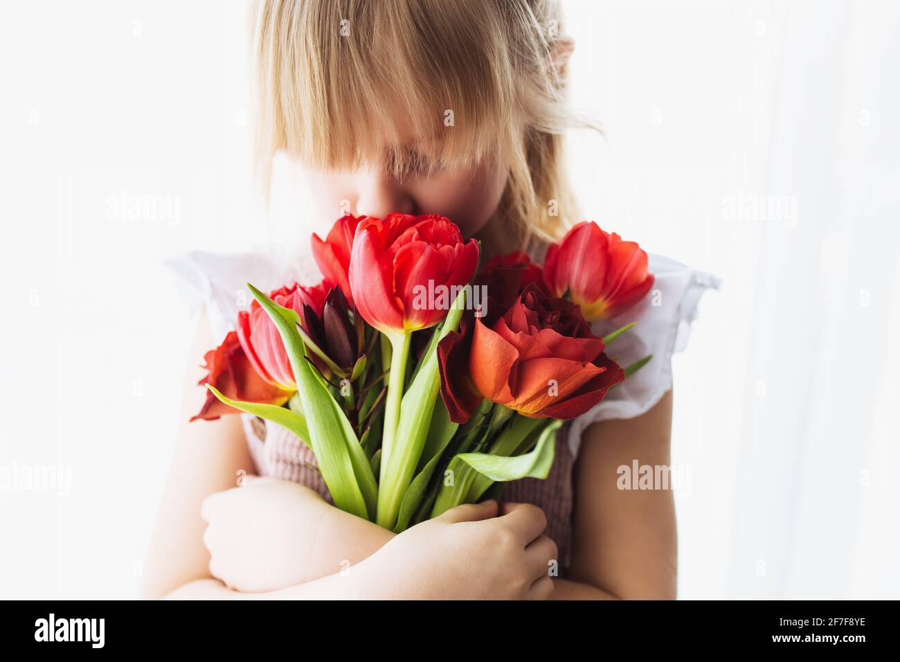 Small smiling girl holding and sniffing bouquet of red tulip flowers. Concept for greeting card for Easter, Mother's day, International women's day, S Stock Photo
