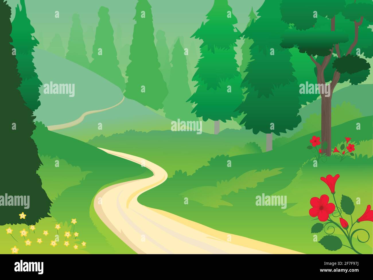 Beautiful summer forest background with pine trees and flowers vector ...