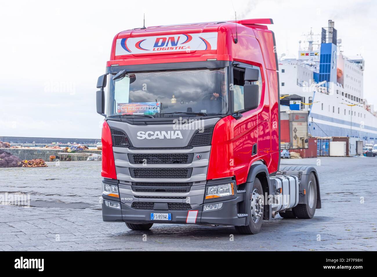 Red Scania R500 semi-trailer truck without trailer. Italy, seaport of Catania. 14 may 2019 Stock Photo