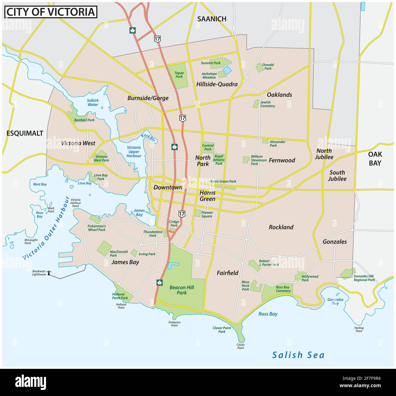 road map of capital city victoria, vancouver island, british columbia, canada Stock Vector