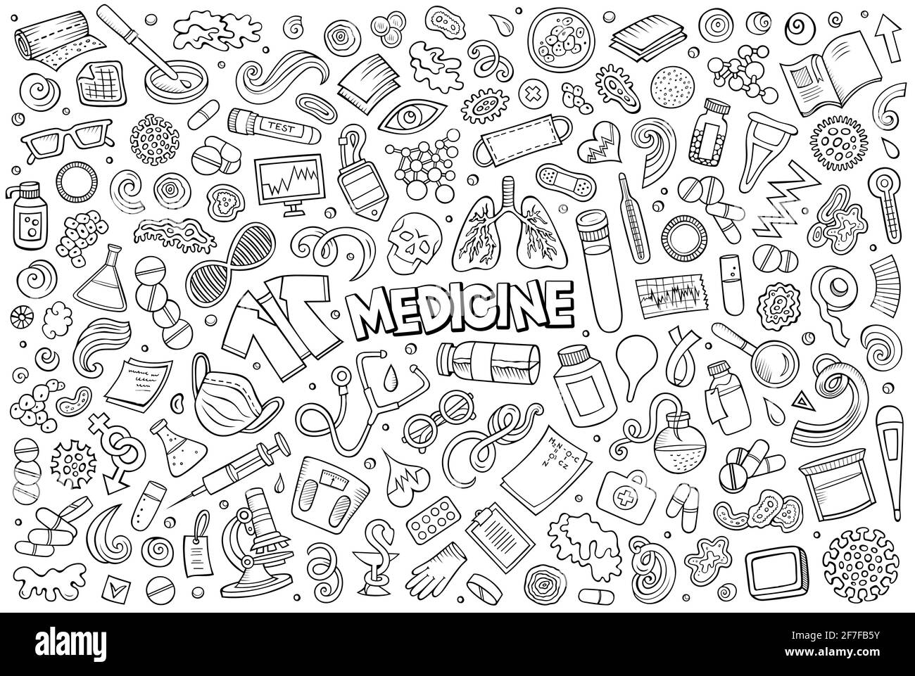 Line art vector hand drawn doodle cartoon set of medicine theme items