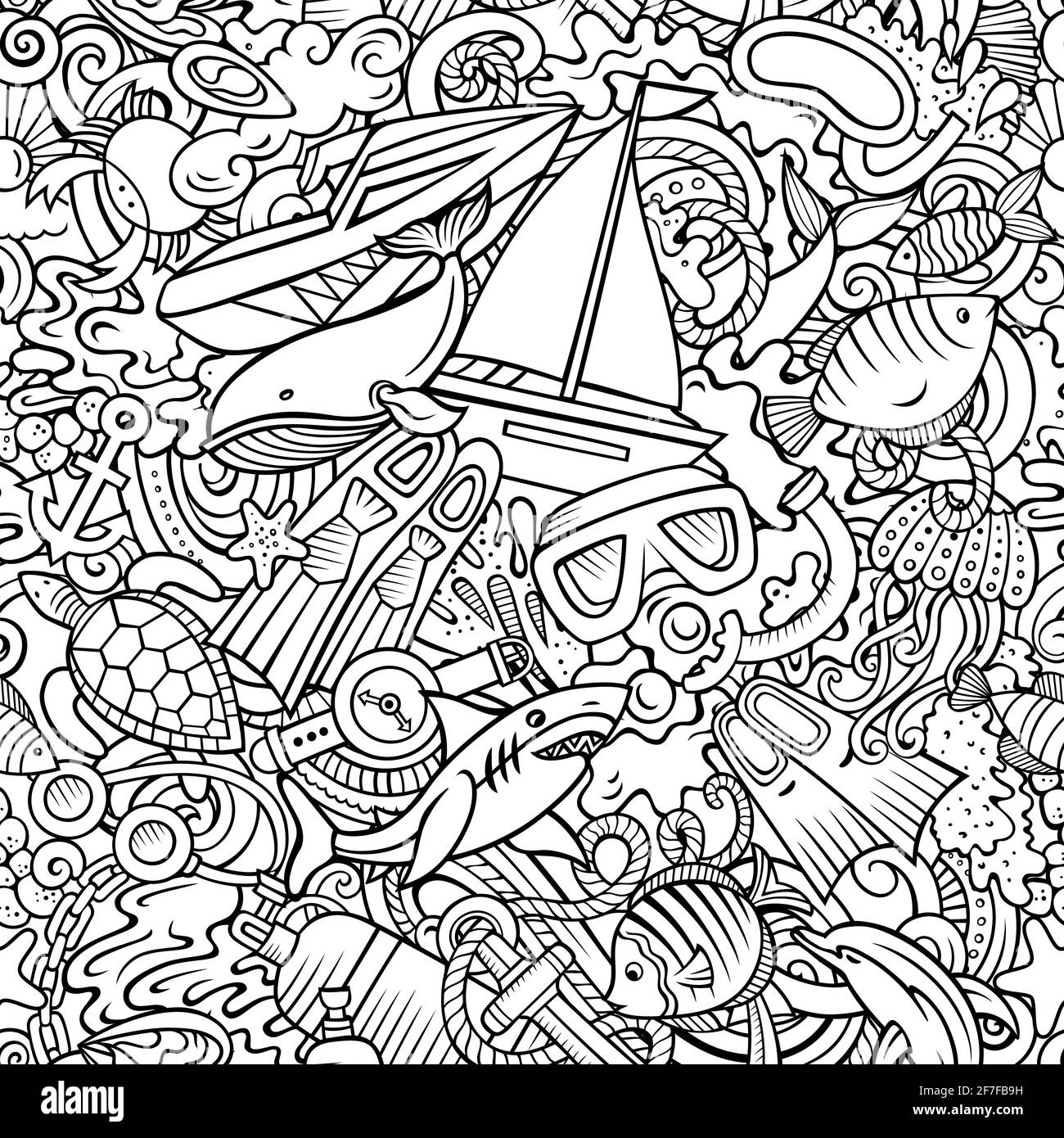 Cartoon doodles Diving seamless pattern. Backdrop with snorkeling ...