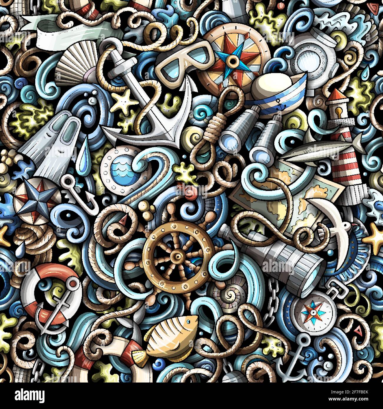 Cartoon doodles Nautical seamless pattern. Backdrop with maritime symbols and items. Colorful detailed background for print on fabric, textile, phone Stock Vector