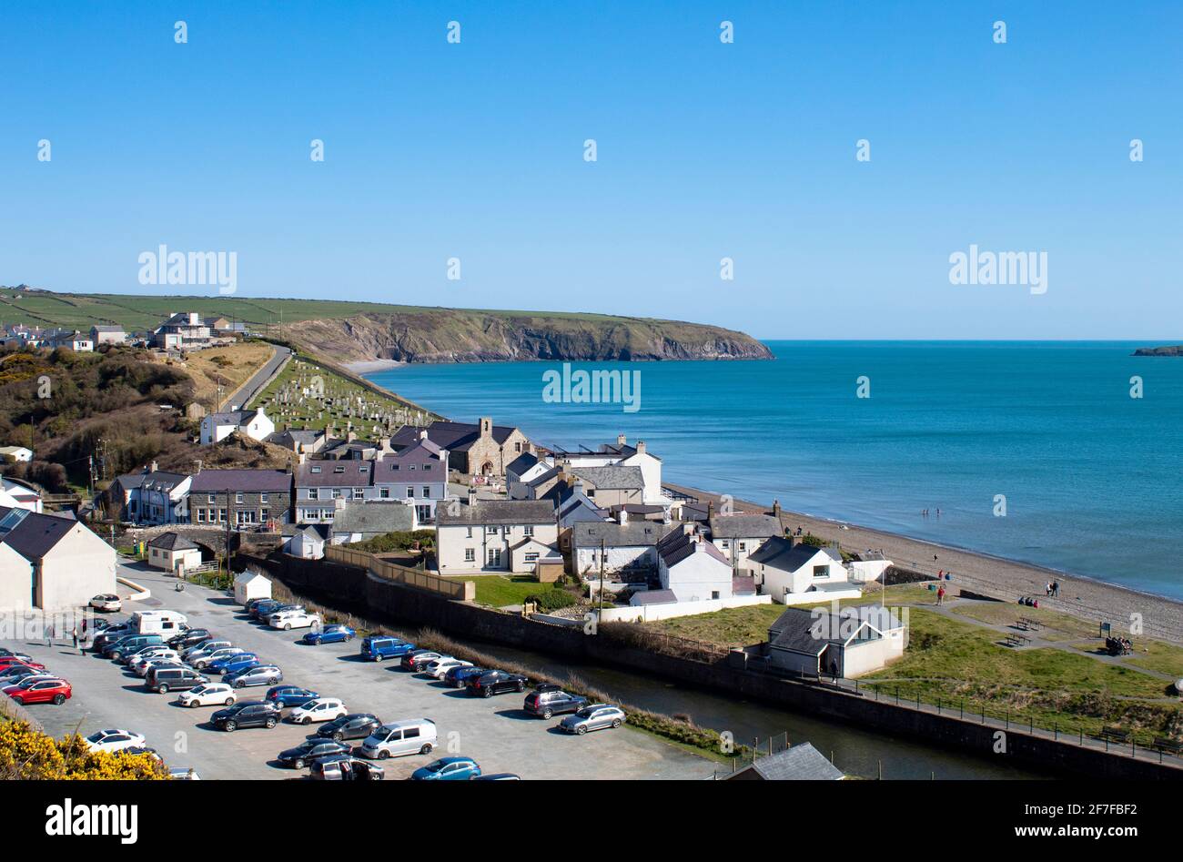 Aberdaron, Wales. Llyn Peninsula. Landscape view of the pretty bay with beach and cliffs.  High angle view with copy space. Stock Photo