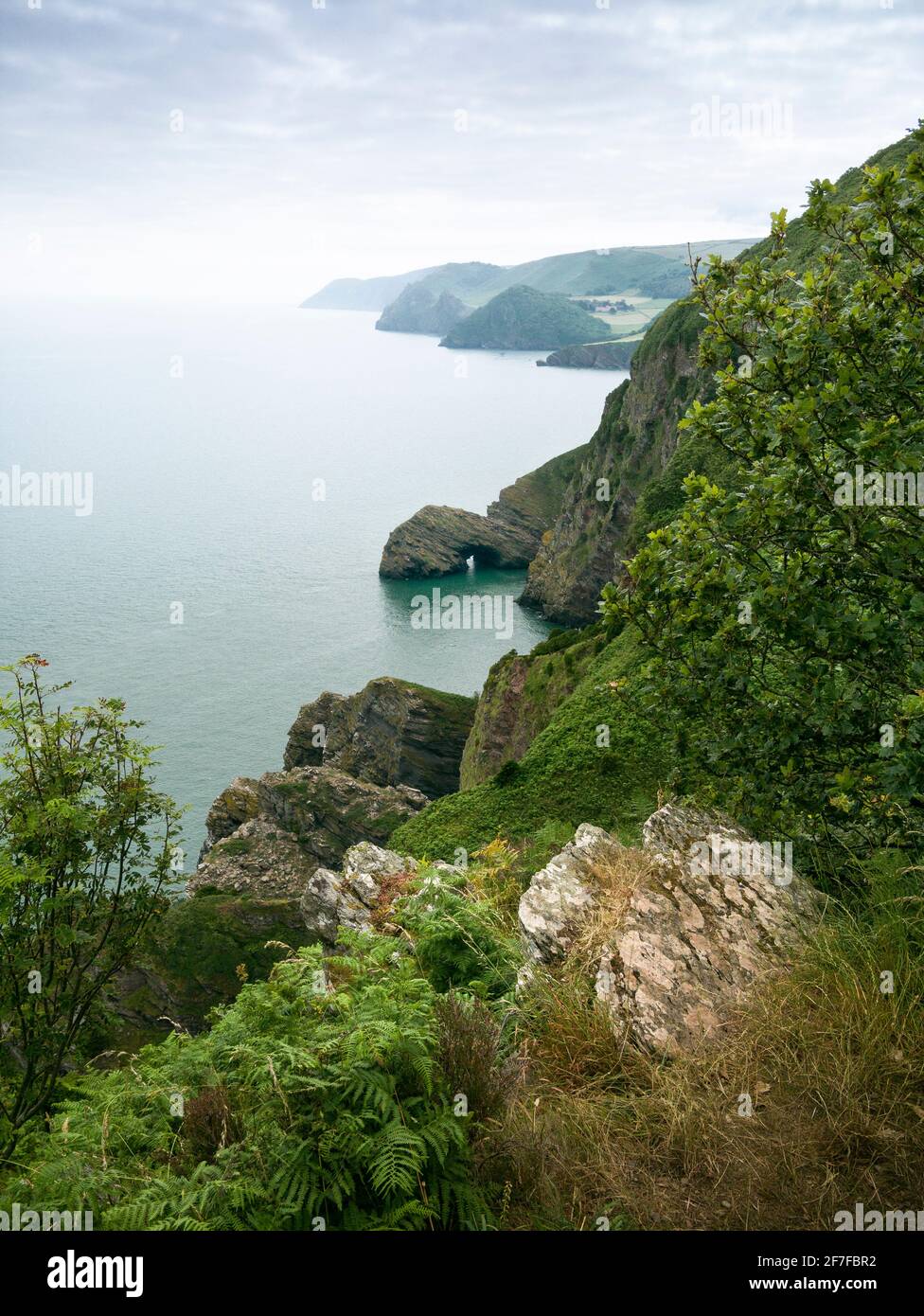 Wringapeak on the Exmoor National Park coastline with Valley of the Rocks and Foreland Point beyond, North Devon, England. Stock Photo