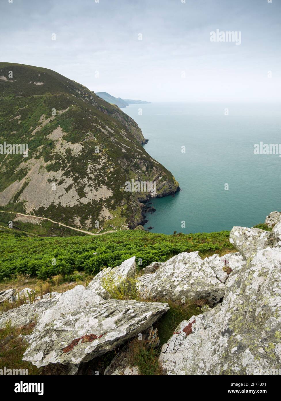 Looking west over Heddon’s Mouth along the Exmoor National Park coastline from Highveer Point, North Devon, England. Stock Photo