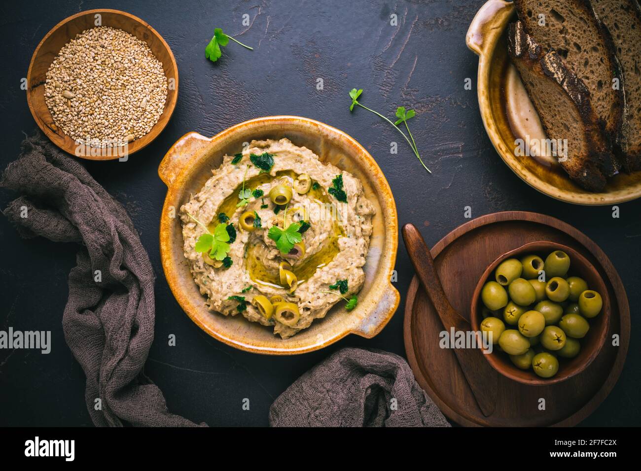 Arabic food: Aubergine paste or dip Baba Ghanoush with olives and ...