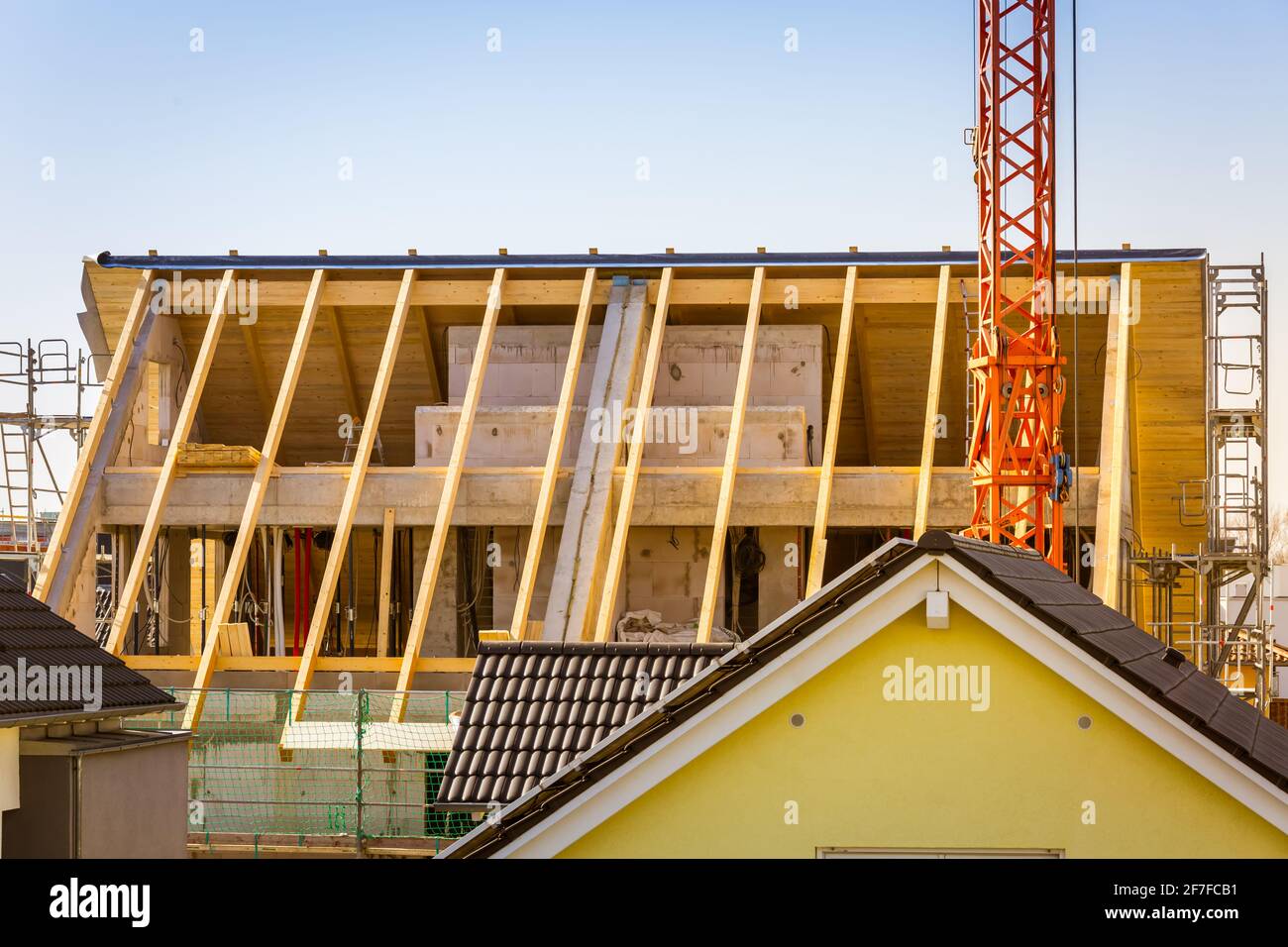Roof construction - Industrial roof system with wooden timber. Stock Photo