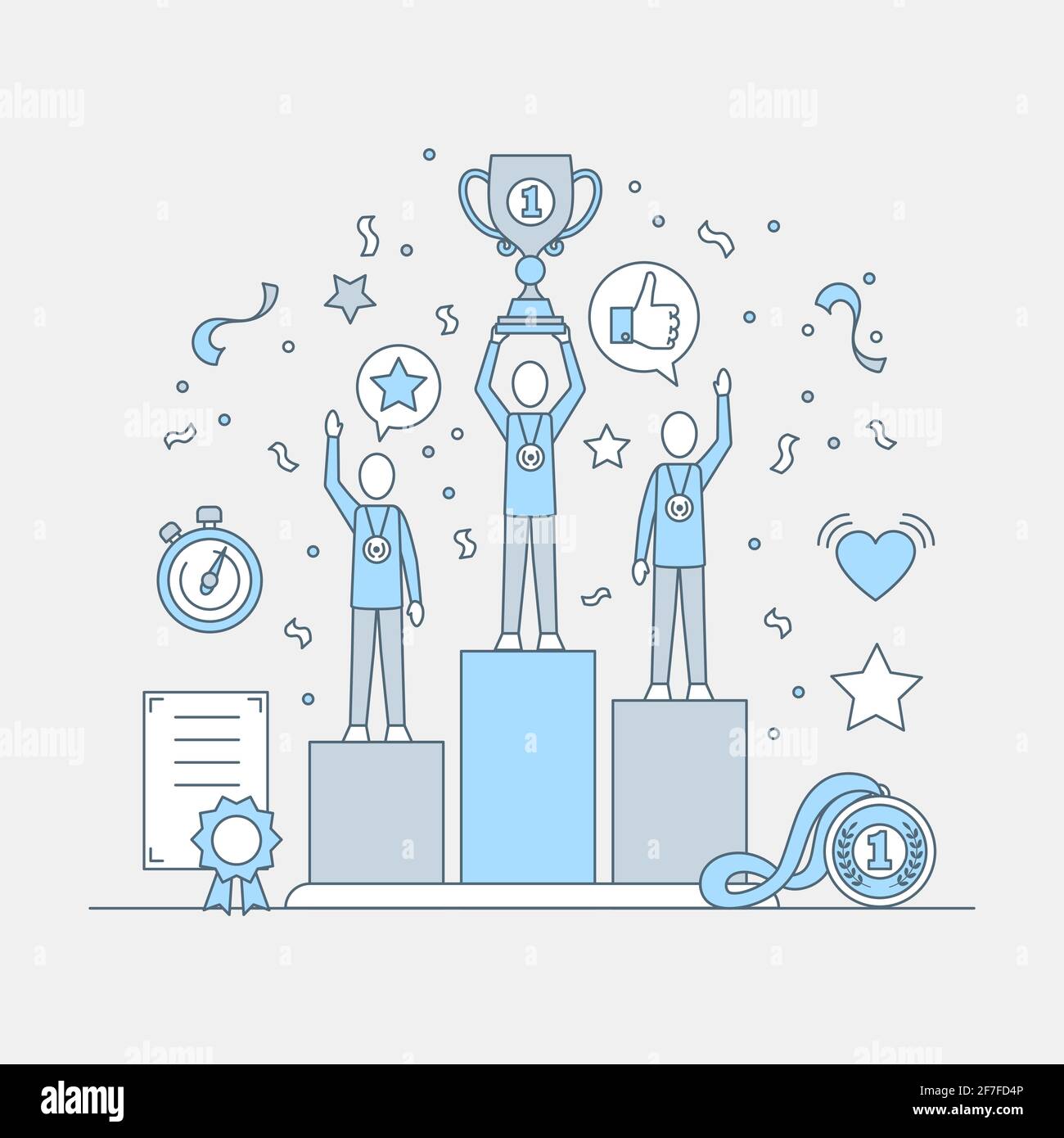 Sportsmen or businessmen standing on the podium in the first, second and third places vector cartoon outline illustration. Winner getting prize for best result, award for competition concept. Stock Vector
