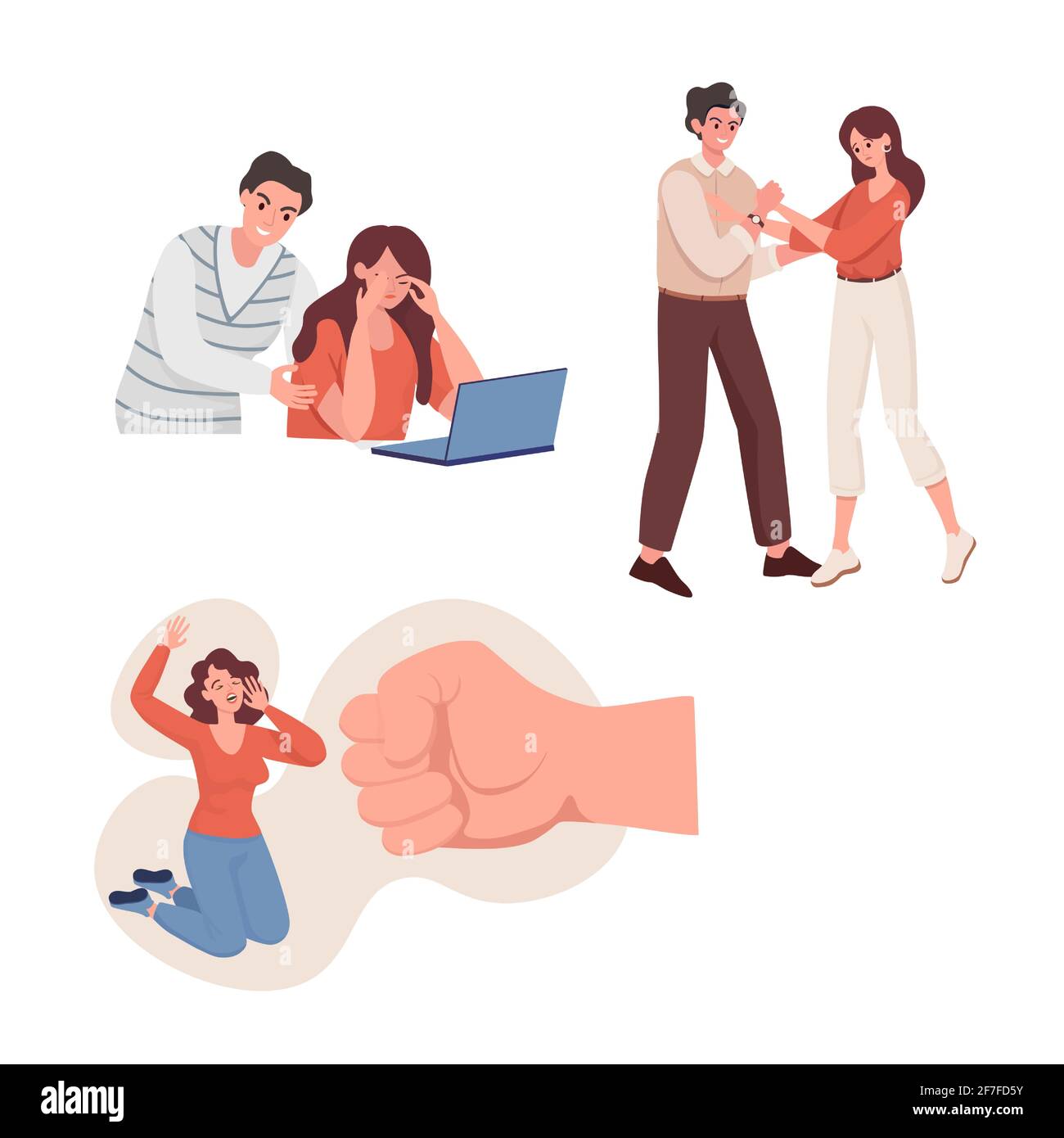 Emotional abuse and domestic violence vector flat illustration. Aggressive man yelling at his wife, woman against big fist, husband holding woman hands. Family, social violence problems concept. Stock Vector