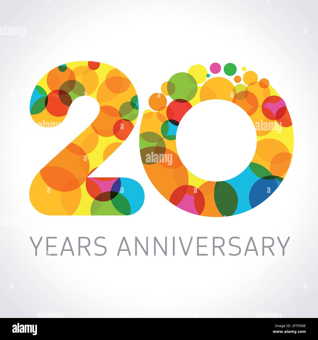 20th anniversary numbers. 20 years old logotype concept. Bright congrats. Isolated abstract graphic design template. Creative 2, 0 sign. Colorful digi Stock Vector