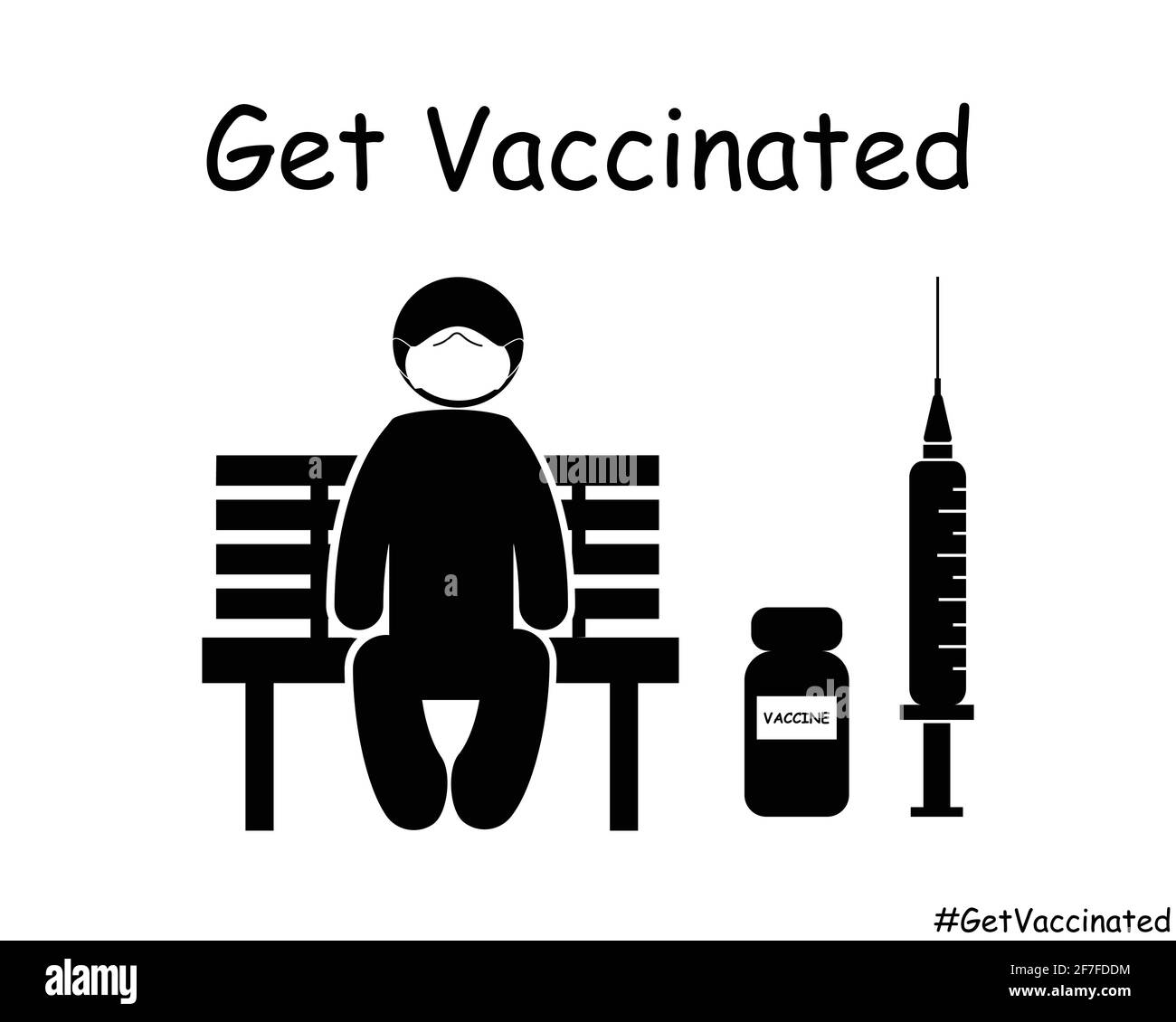 Get Vaccinated Stick Figure Man on Bench. Black and White Vector Icon Stock Vector