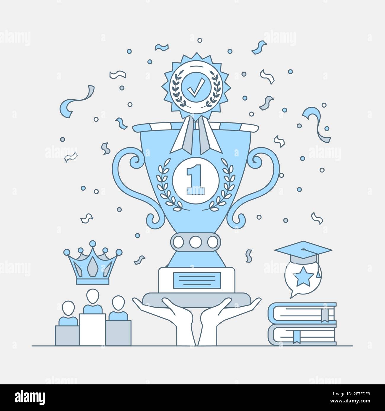Hands holding first place cup trophy and achievement medal vector cartoon outline illustration. Best prize for winner in sport or education competition. Champion award concept. Stock Vector