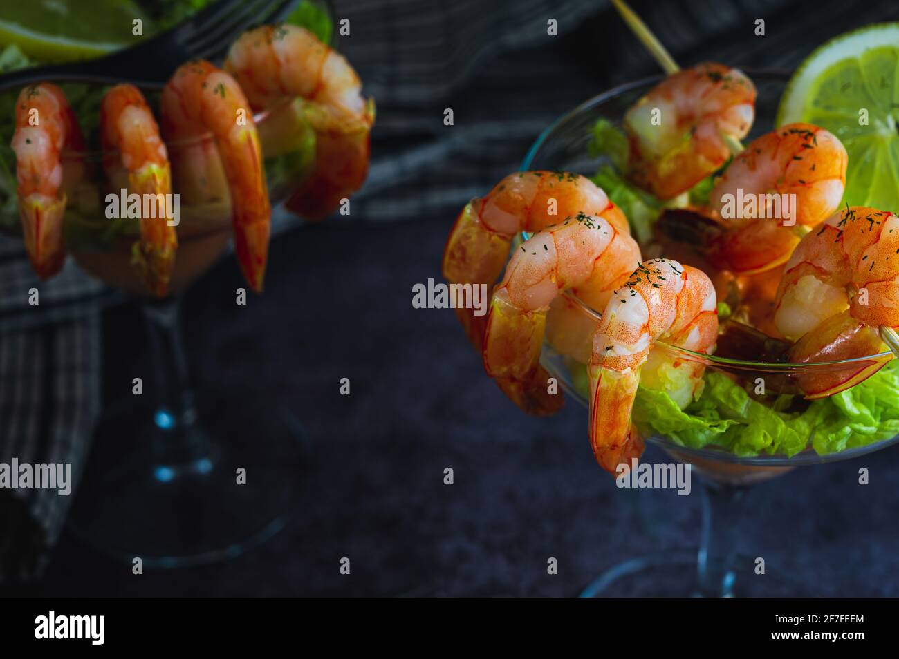 Spiced marine food Shrimp cocktail starter served in a tropical tourist
