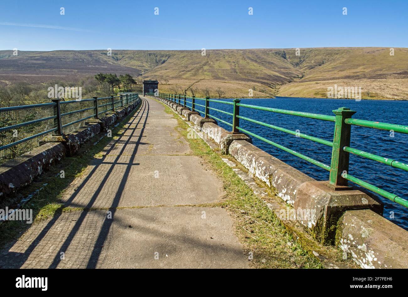 The top walk across the Grwyne Fawr reservoir Dam in the Grwyne Fawr Valley Stock Photo